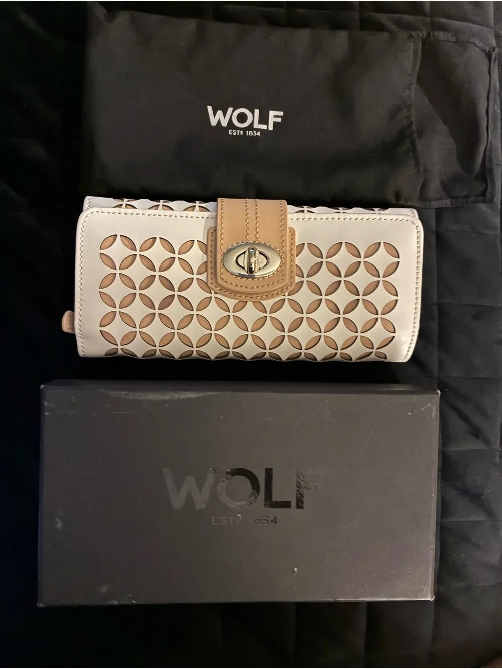 WOLF White and Tan Laser-Cut Leather Jewelry Clutch Wallet